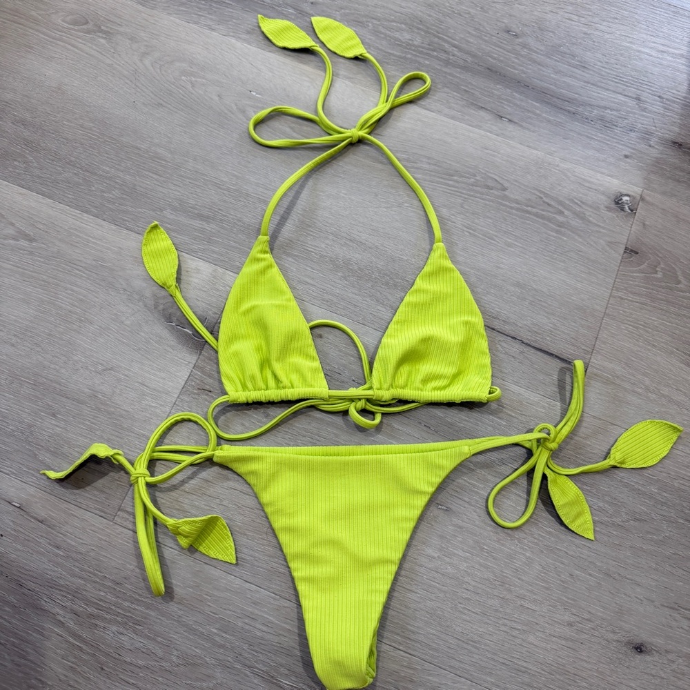 Benoa Swim Neon Lime Ribbed Triangle Tie-Side Bikini